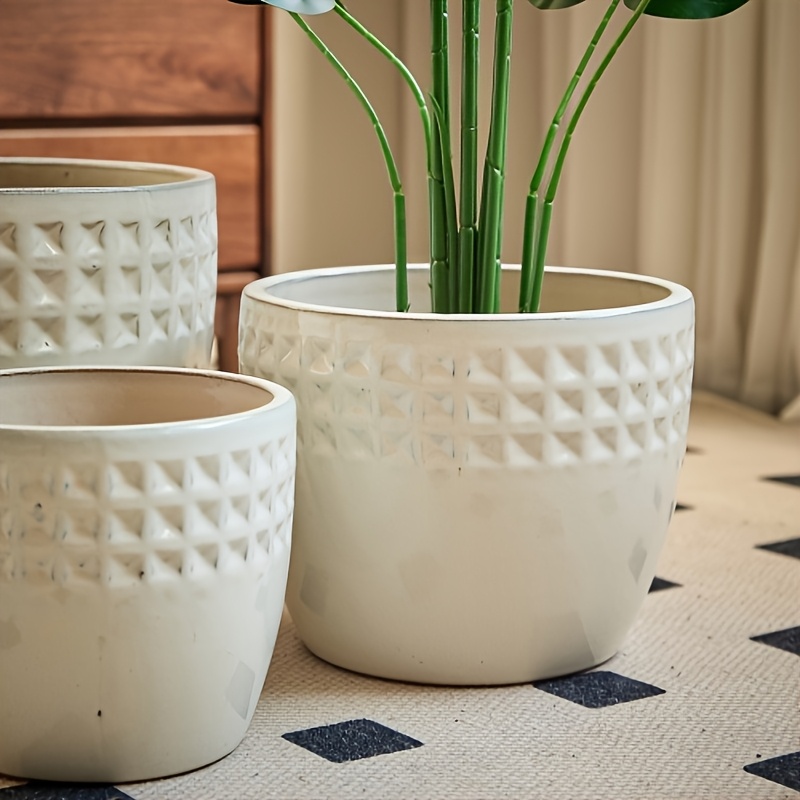 3pcs Handmade Ceramic Flower Pot Set (diameters 38.1/30.5/22.9cm Respectively), White Rhinestone Pattern, Suitable for Placement on Windowsills/bookshelves, Etc., Made of Breathable Terracotta. Gardening Gift,home Decor
