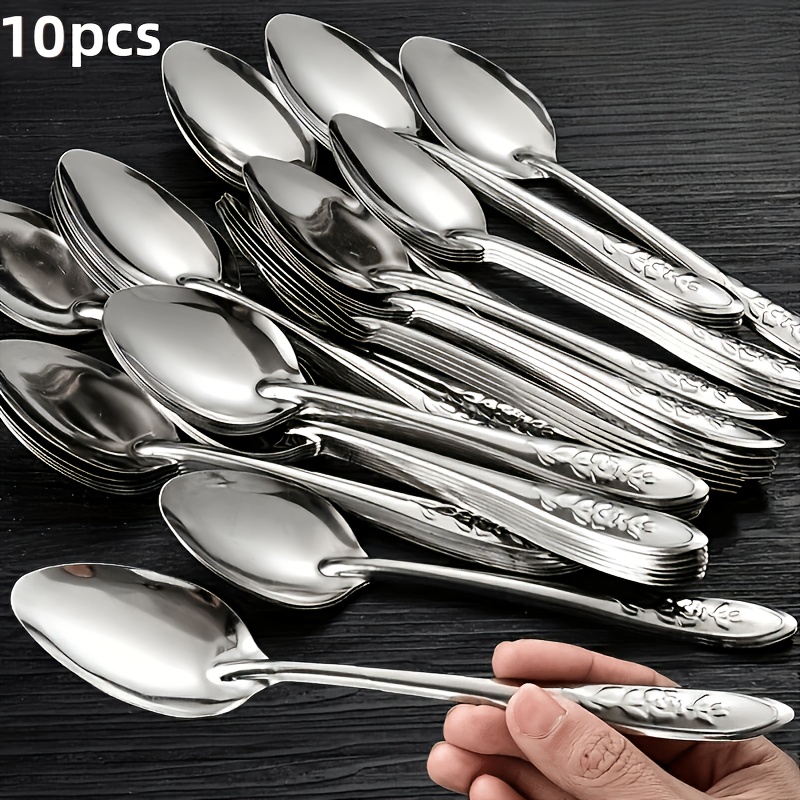 TEMU 10pcs Stainless Steel Dessert Spoon Set, Elegant Design, Long-handled Ice Cream Watermelon Scoops, For Kitchen Utensils