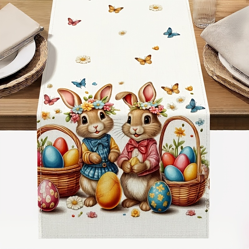 

Easter Celebration Tablecloth With Cute Bunny & Egg Design - Polyester, Rectangular, Decor