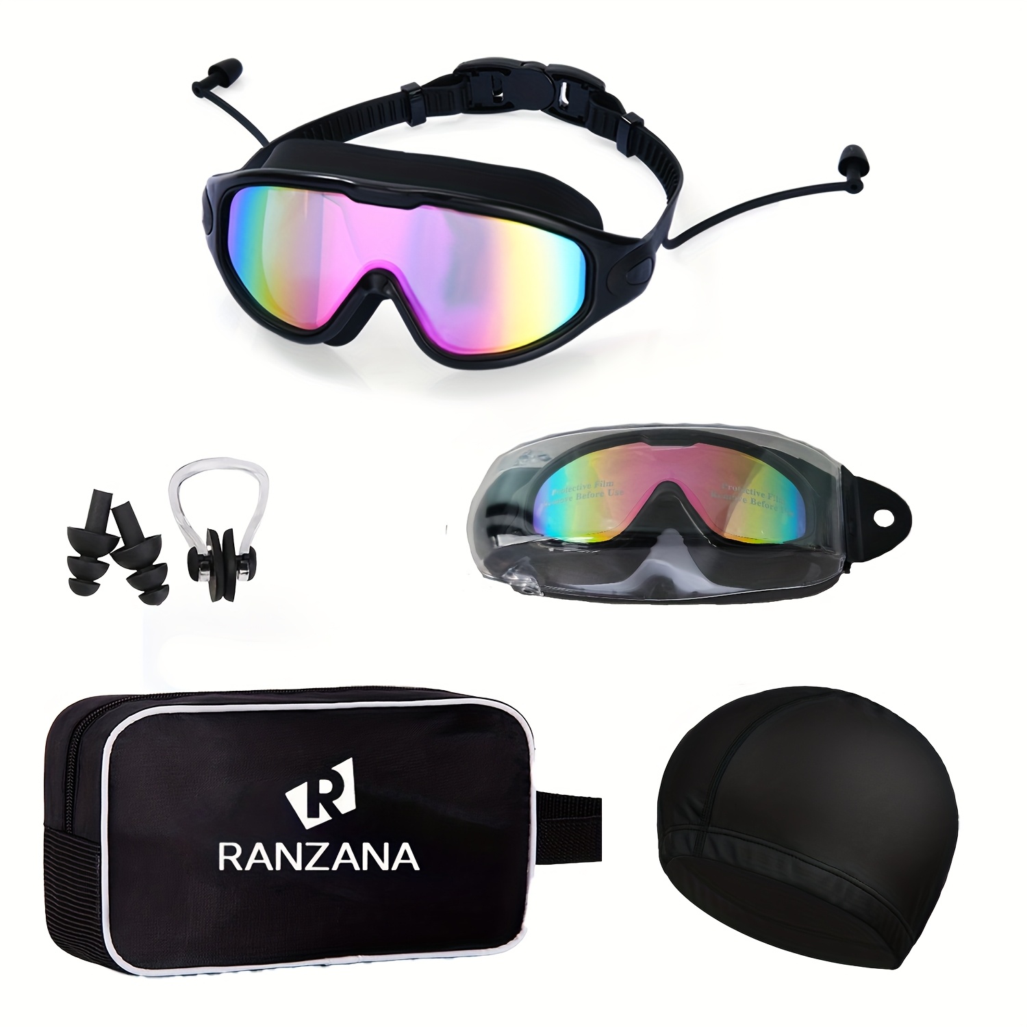 TEMU 6in 1 Swim Goggles Set With Case And Bag Swimming Goggles With Earplugs For Adult Swim Gear Essentials Kit Goggles Kit Iridescent-coated Swim