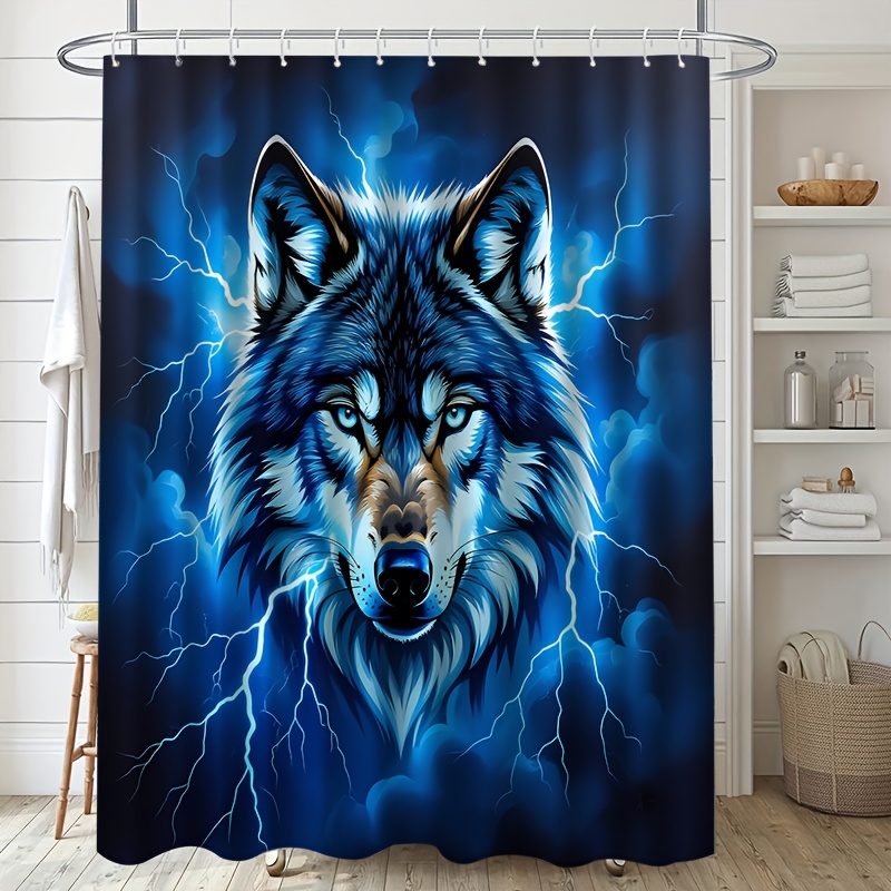 TEMU 1pc Wolf Head Lightning Pattern Printed Shower Curtain, High-end Elegant Bathroom Curtain, Suitable For Home Decor, With 12pcs Hooks Polyester