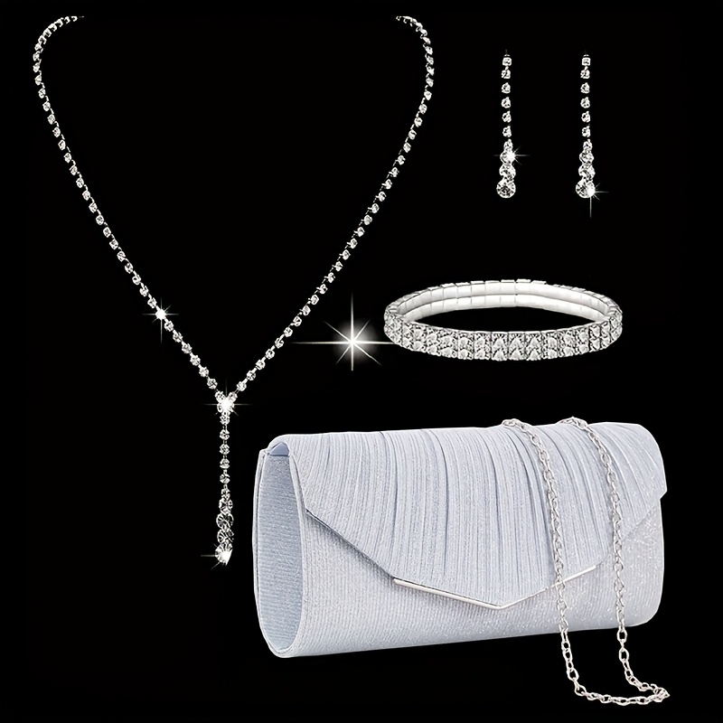 Evening Clutch Bag for Women, Fashionable and Versatile Pleated Clutch, Evening Bag, Dress Bag, Chain Shoulder Bag, Long * Necklace, Earrings, Bracelet, Banquet Accessories 4pcs Set