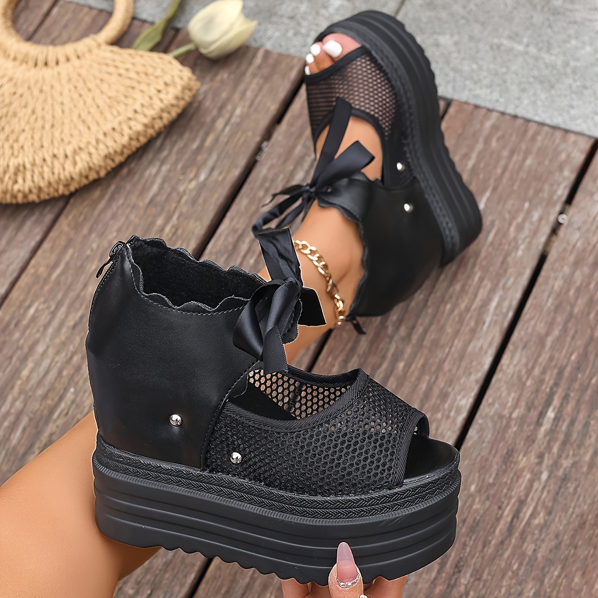 1 pair womens lace wedge sandals hollow mesh - Temu