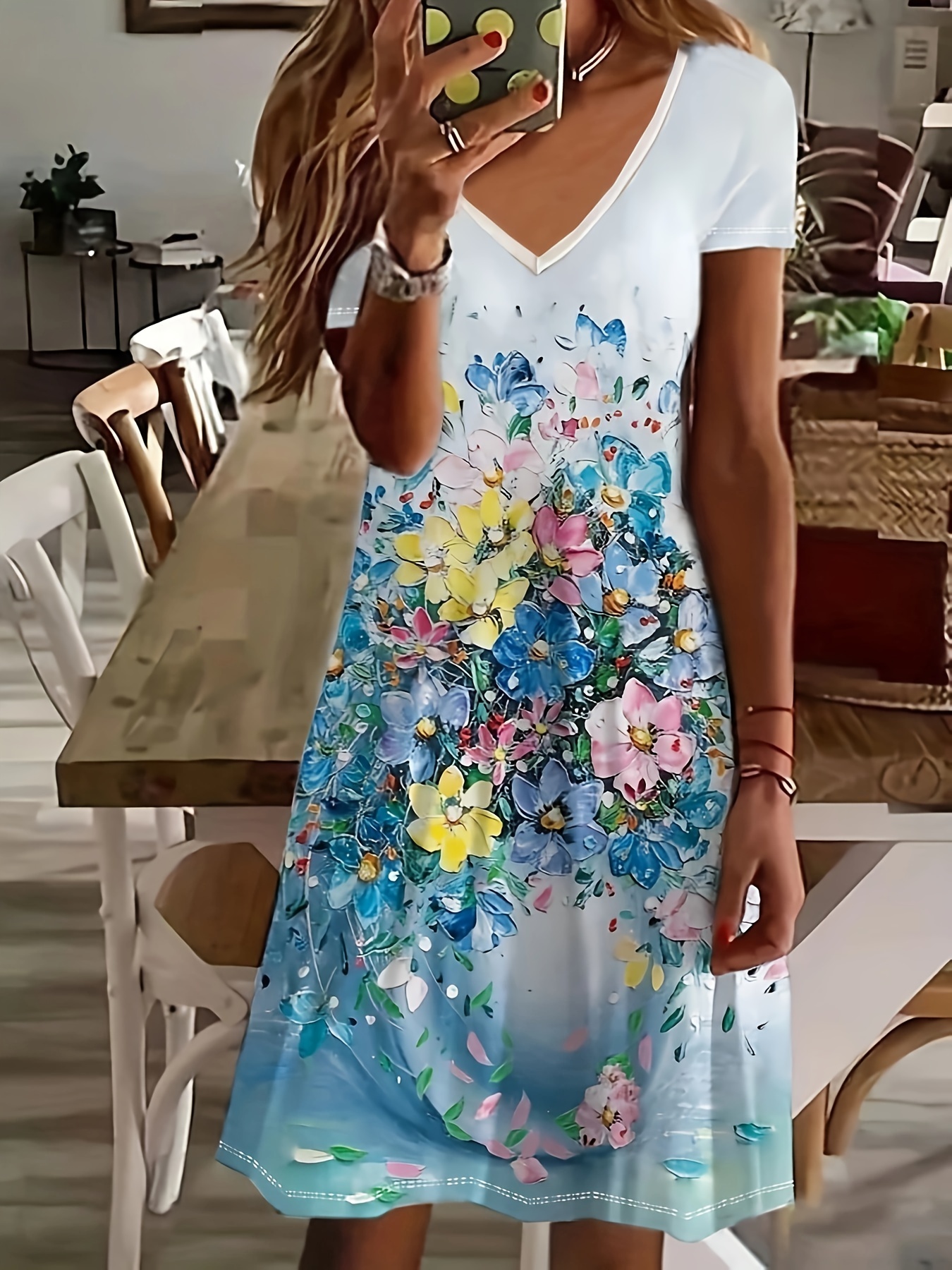 floral print v neck dress casual short sleeve dress for spring summer womens clothing