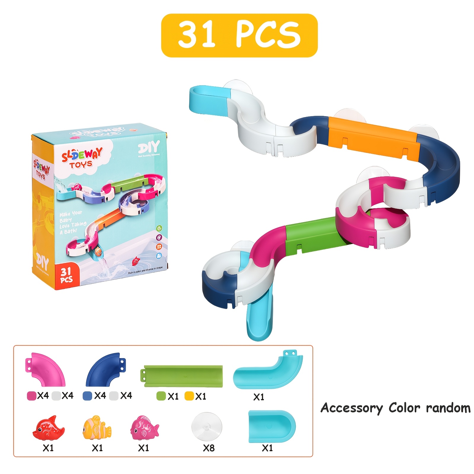 Image of Bathroom Track Assembly Toy, Track Ball Sliding Fish Spinning Toy Slide Bathroom Water Play Toy Gift Boys Girls Bath Toy Gift Set Random Accessory Color