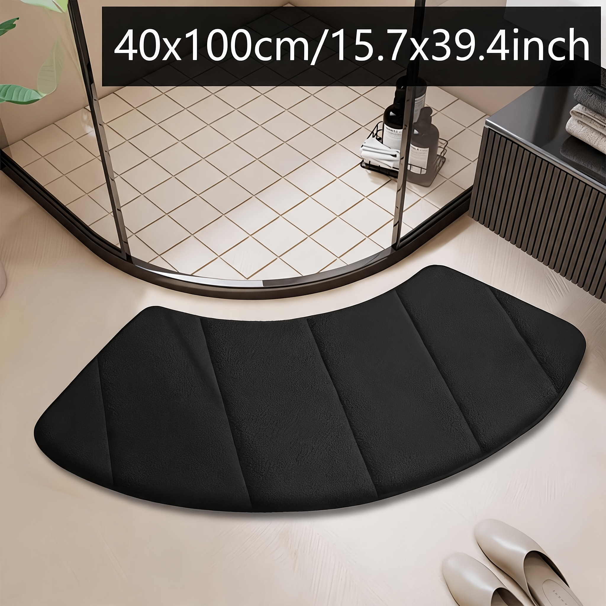 Temu – TEMU Solid Color Fan-shaped Bathroom Non-slip Floor Mats Furry Flannel Striped Foot Mats Shower Room Door Mats Arched Household Mats