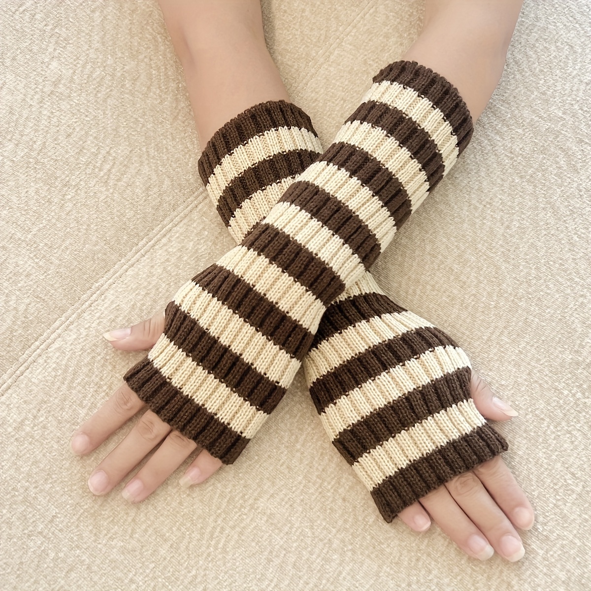 TEMU A Pair Of Women's Autumn/winter Color-block Striped Gloves, Outdoor -proof Decorative Arm Sleeves, Fashionable, , Simple, And Versatile