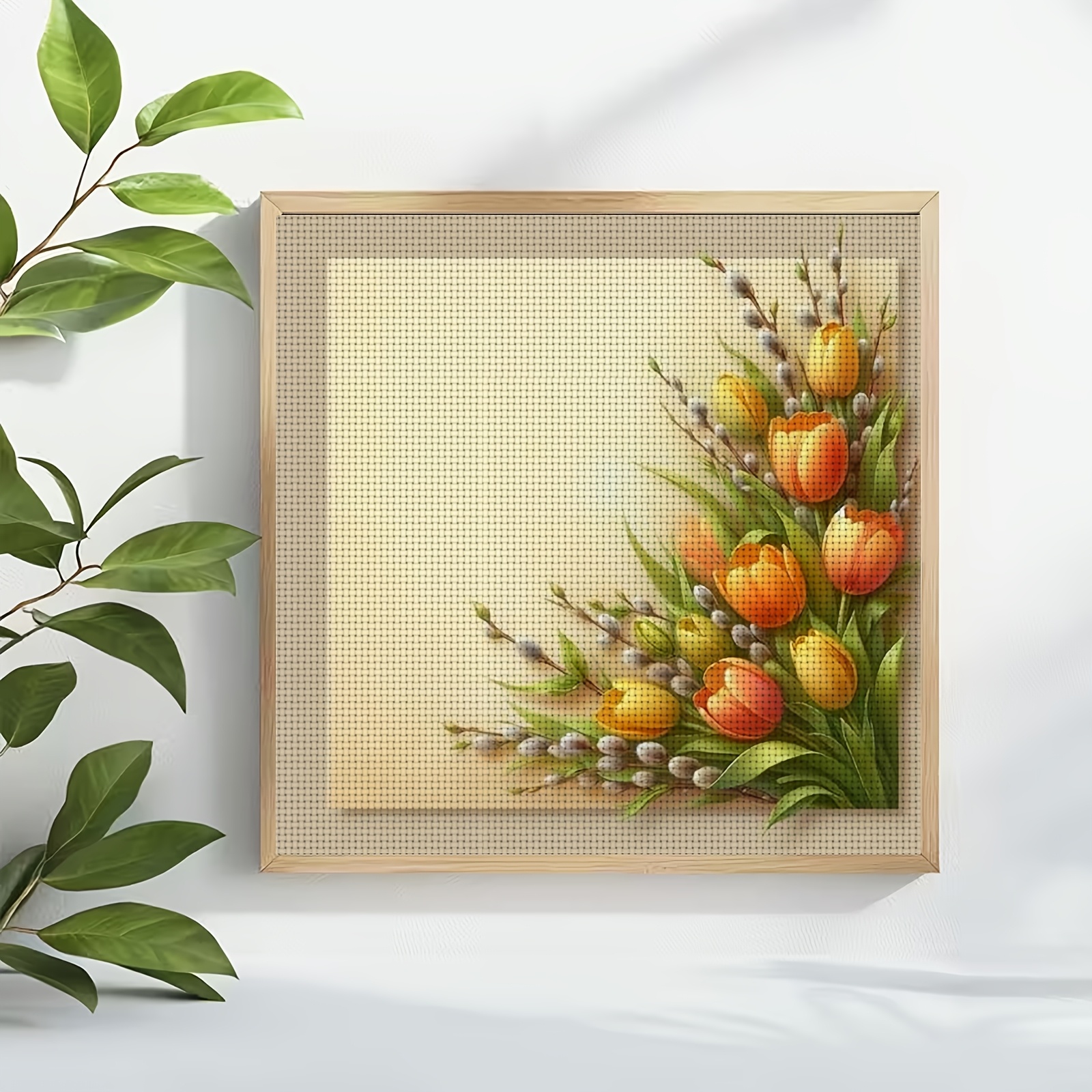 Cross Stitch Print Kit, Orange Yellow Tulips and Willow Buds