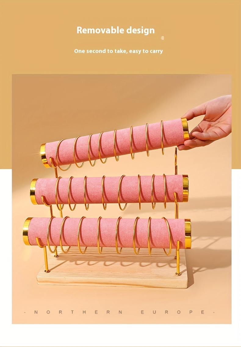 Multi Tier Jewelry Display Stand With Golden Pipes Heavy Duty Organizer For Bracelets Necklaces Watches Beige   Sturdy New Zealand Pine Wood Base Store   Decor   Shelf Store Display Rack Sophisticated Design Metallic   Rack Details 4