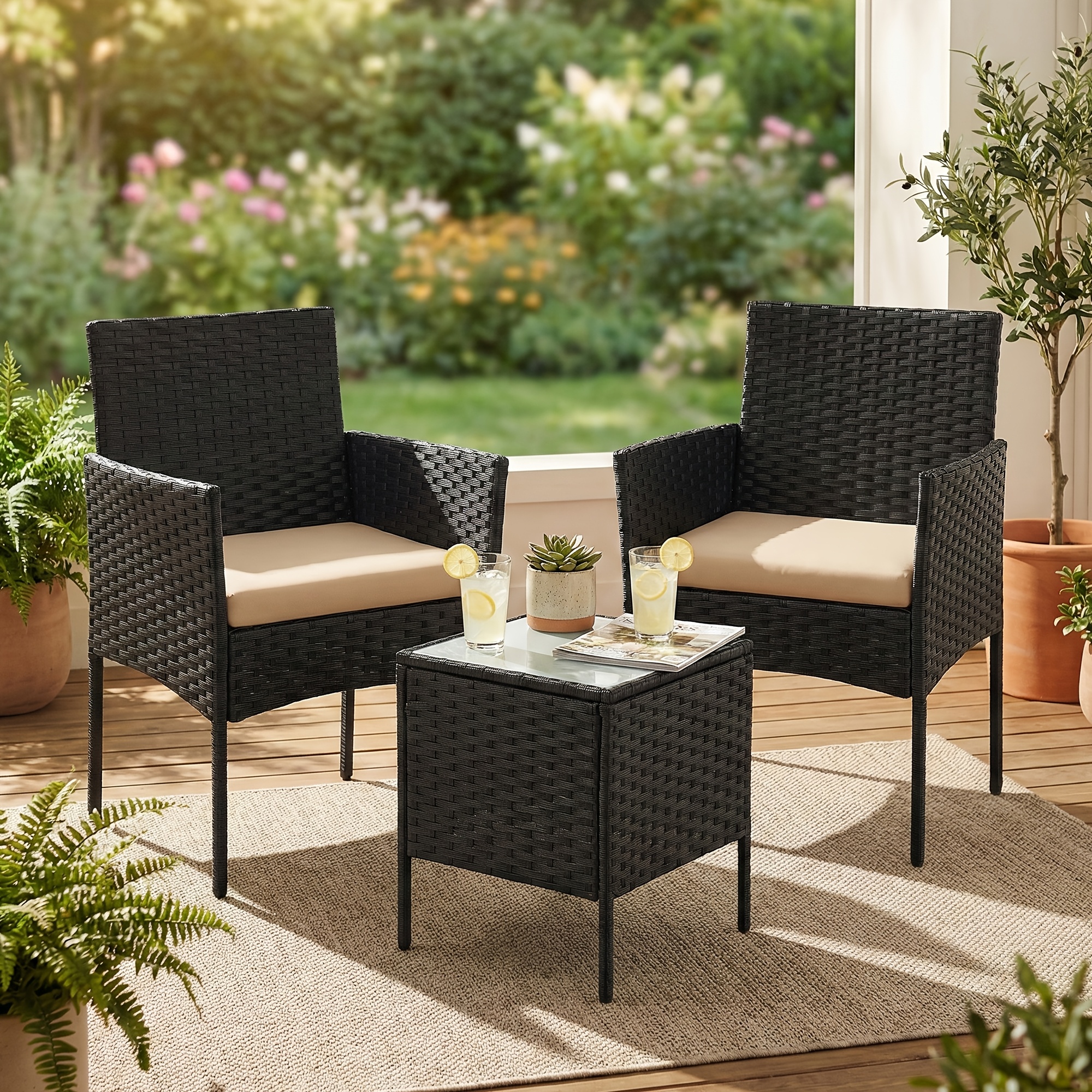 Image of Balcony Furniture, Garden Furniture Set, Made From Pe Poly Rattan, Lounge Set, Table And 2 Chairs, Patio Furniture, Outdoor, For Patios, And Gardens, Black And Taupe