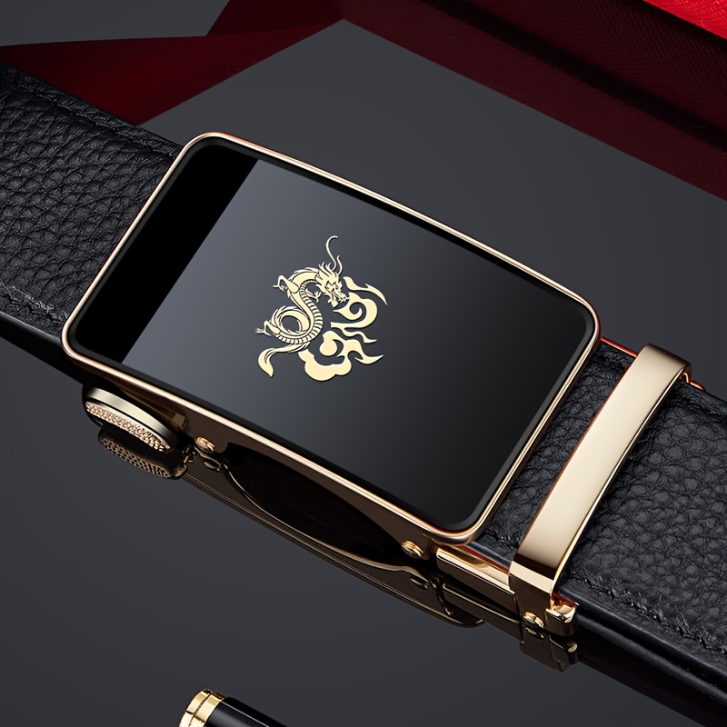 Dragon Pattern Leather Men's Belt w/Automatic Buckle for Casual/Formal Wear