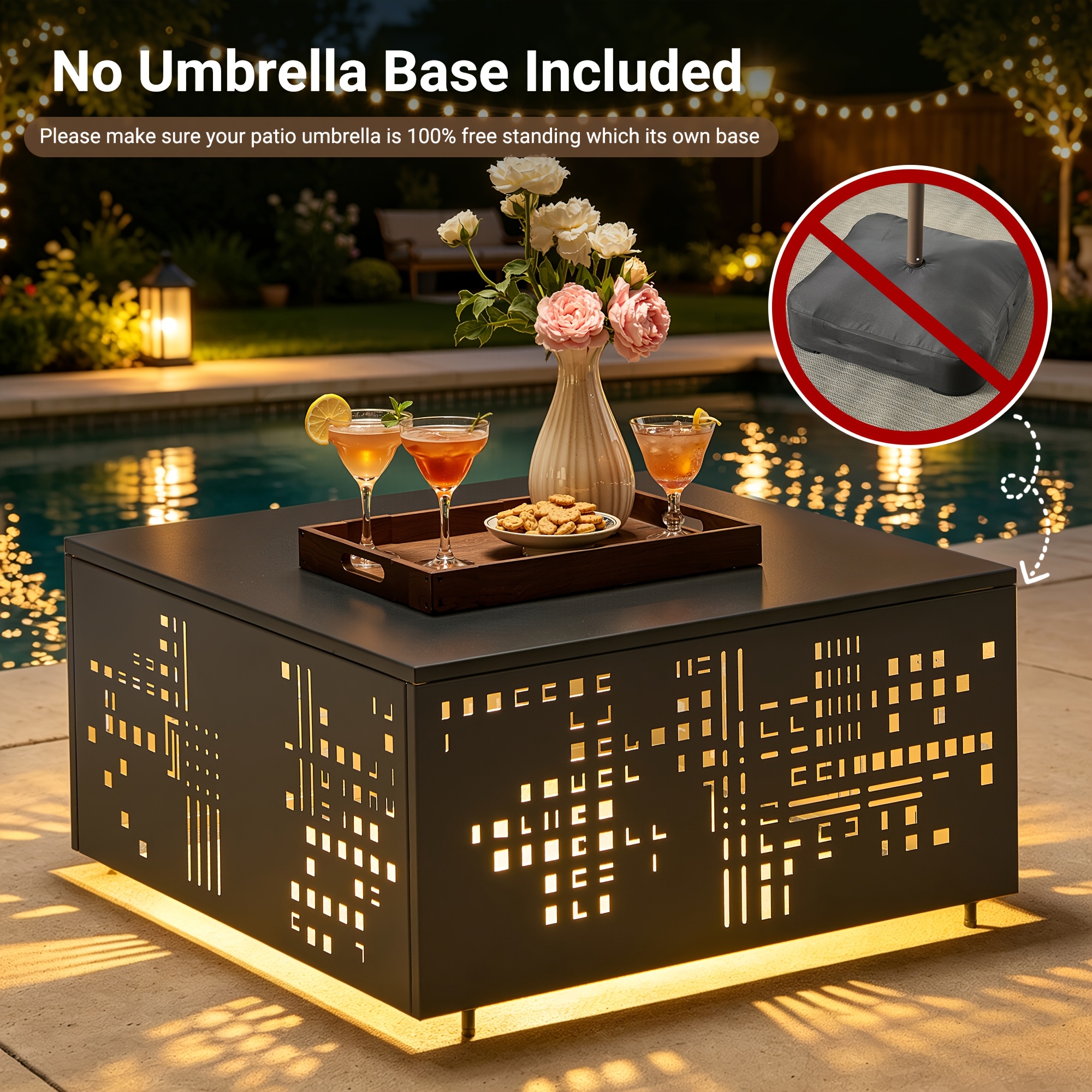 Only One Outdoor Metal Coffee Table with Lights And An Umbrella Pole Hole, Black Or Gray Two Table Color Options, A Coffee Table Suitable for Pairing with Outdoor Patio Furniture, Easy to Assemble