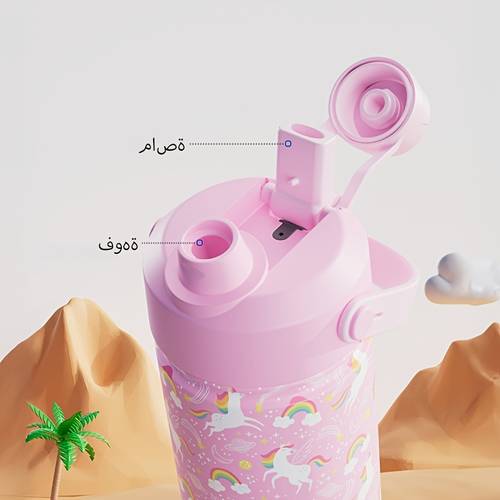 صورة العنصر - زجاجة مياه معزولة سعة 18 أونصة مع شفاطة، مصنوعة من الفولاذ للصدأ، زجاجة مياه بجدار مزدوج، كوب فراغ مانع للتسرب، بغطاء قلاب، يونيكورن وردي/ بيضاء