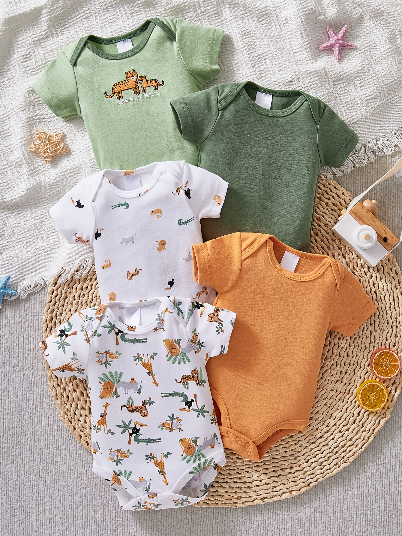 5pcs newborn boy summer short sleeve romper set cartoon animal embroidered pattern   up outfit round neck machine washable   gifting ideal for outdoor wear