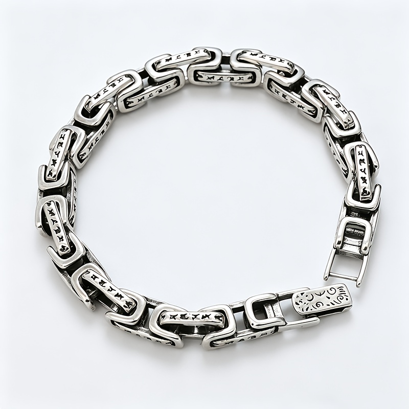 Image of 1pc S925 925 Silver Retro Distressed Geometric Link Bracelet, Engraved With Ancient Text Patterns High-quality Silvery Jewelry, Suitable For Men And Women For Daily Wear, Holiday Parties, And Gift-