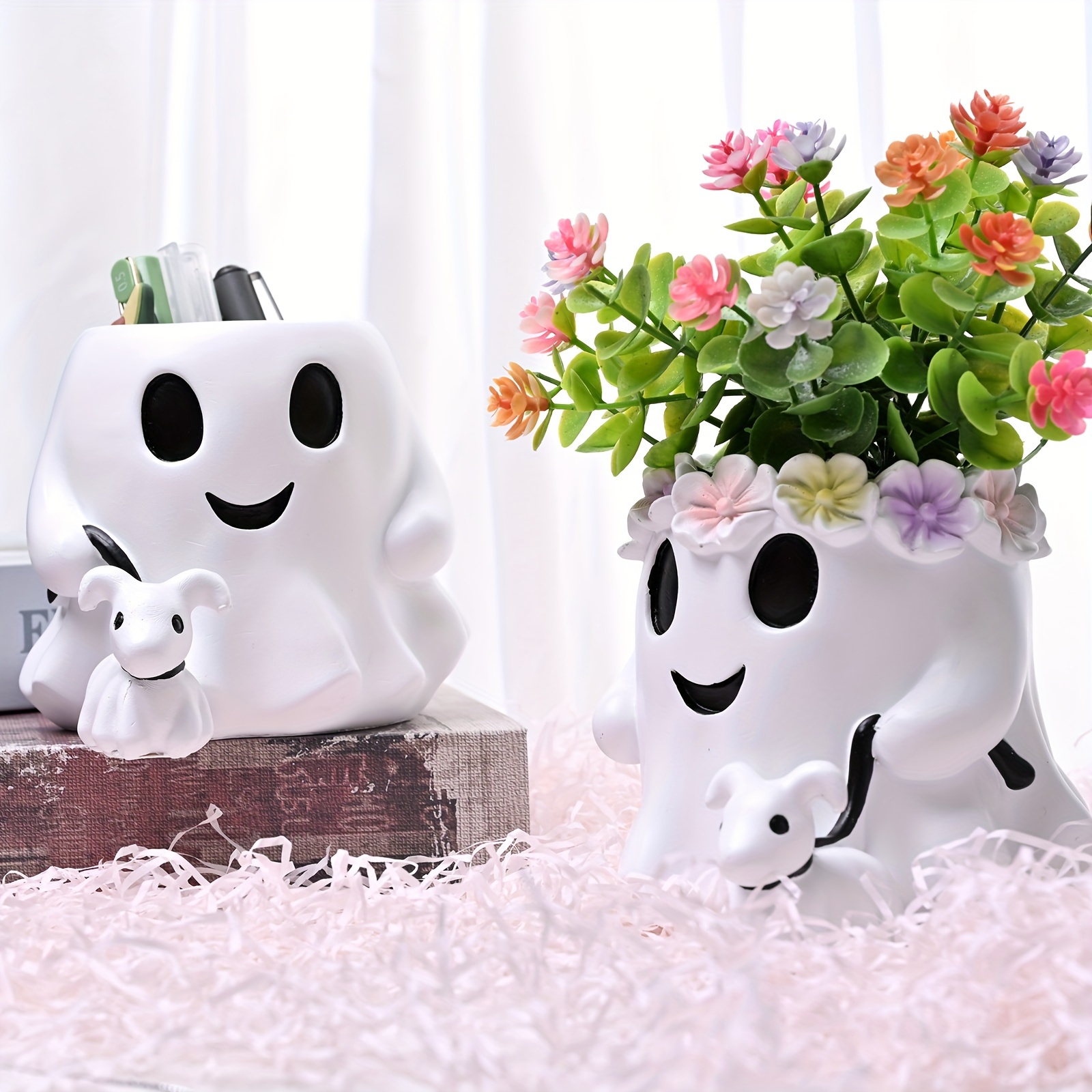 

Figurine With Dog And Planter - Resin Spooky Walking Dog Desk Decor, Cute With Puppies Pot For Home And Office Decoration