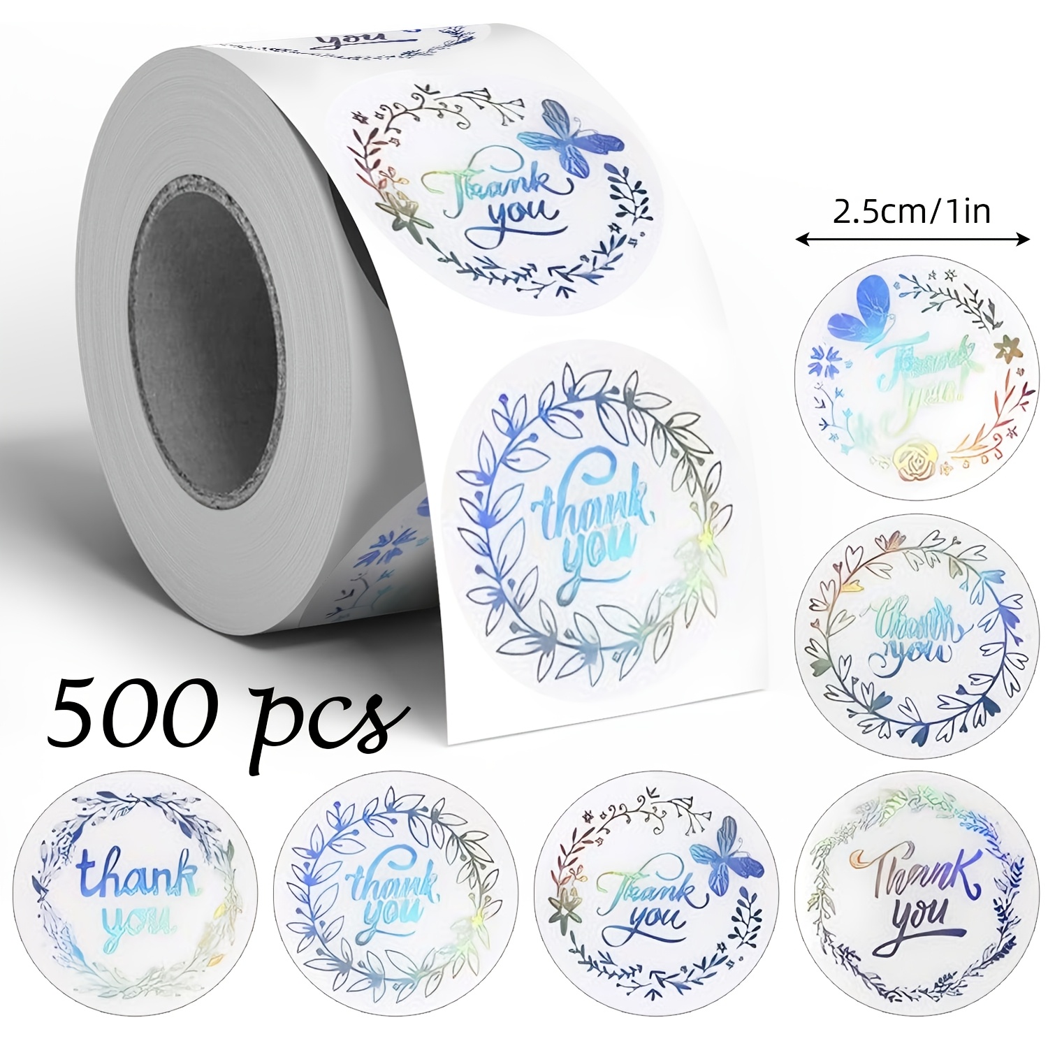 TEMU 500-pack Laser Heat "thank You" Doodle Roll Stickers, 1-inch Round, Suitable For Daily Use And Holiday Parties, Diy Decoration For Envelopes,