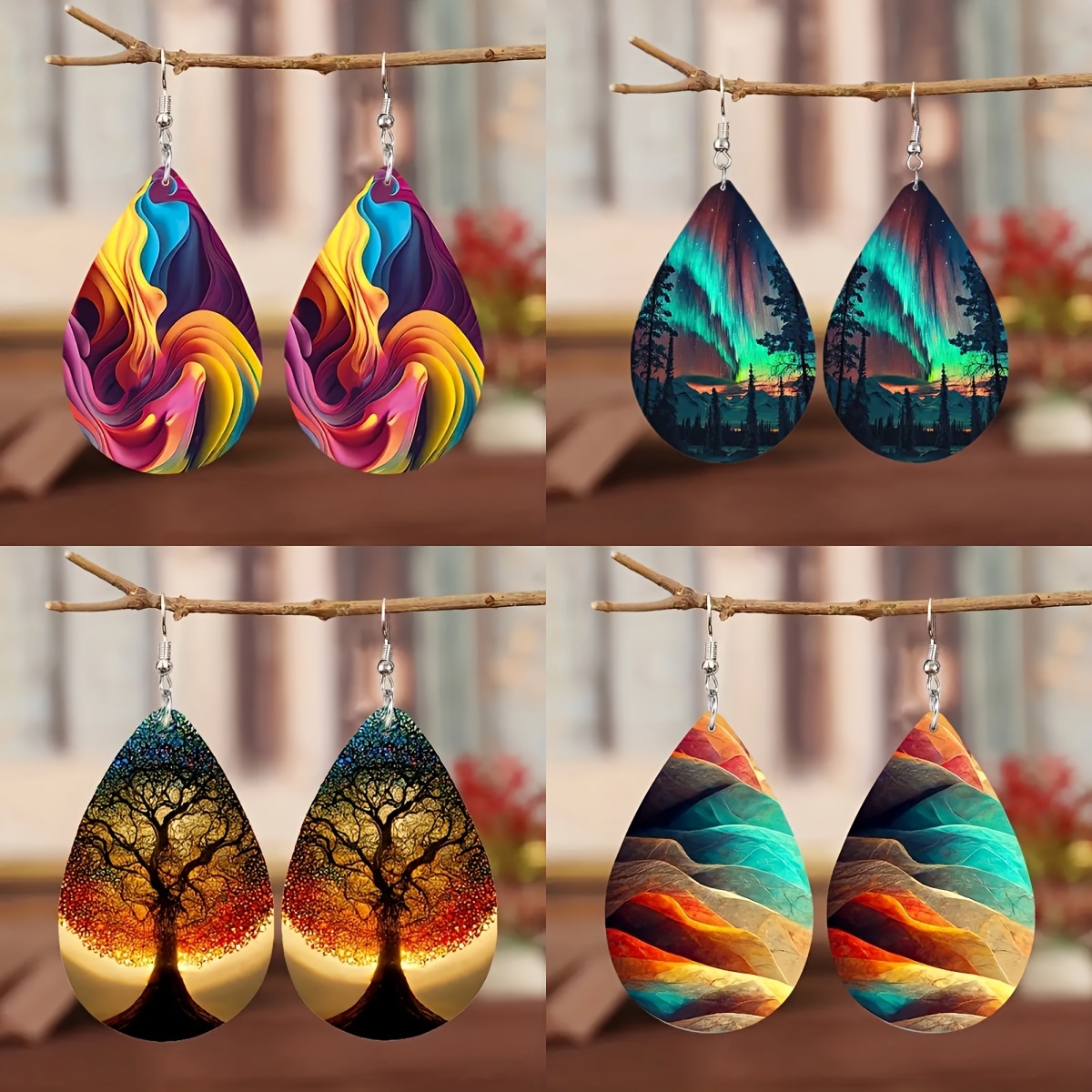 

4 Pairs Of Colorful Printed Floating Earrings, Elegant Bohemian Style Pu Leather Jewelry, Perfect For Daily Leisure Parties