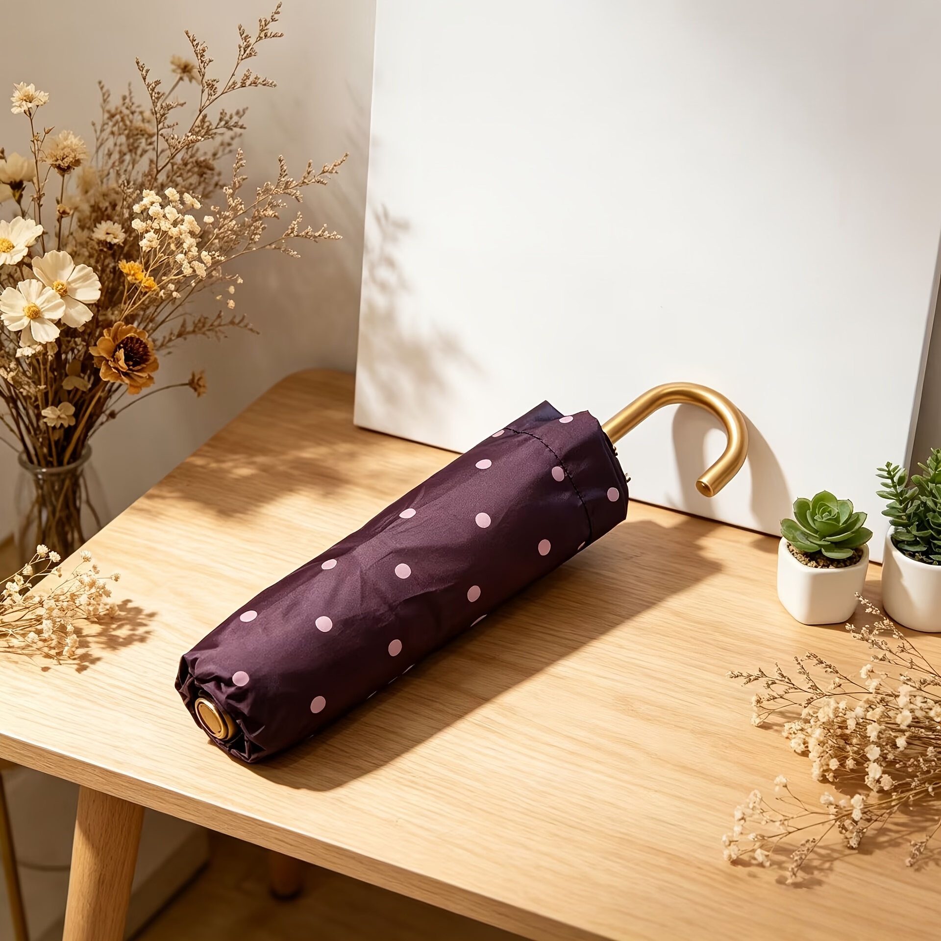 TEMU Polka Dot Hook Folding Umbrella, Stylish, Portable,, ,, Compact, Lightweight, Three-fold Umbrella