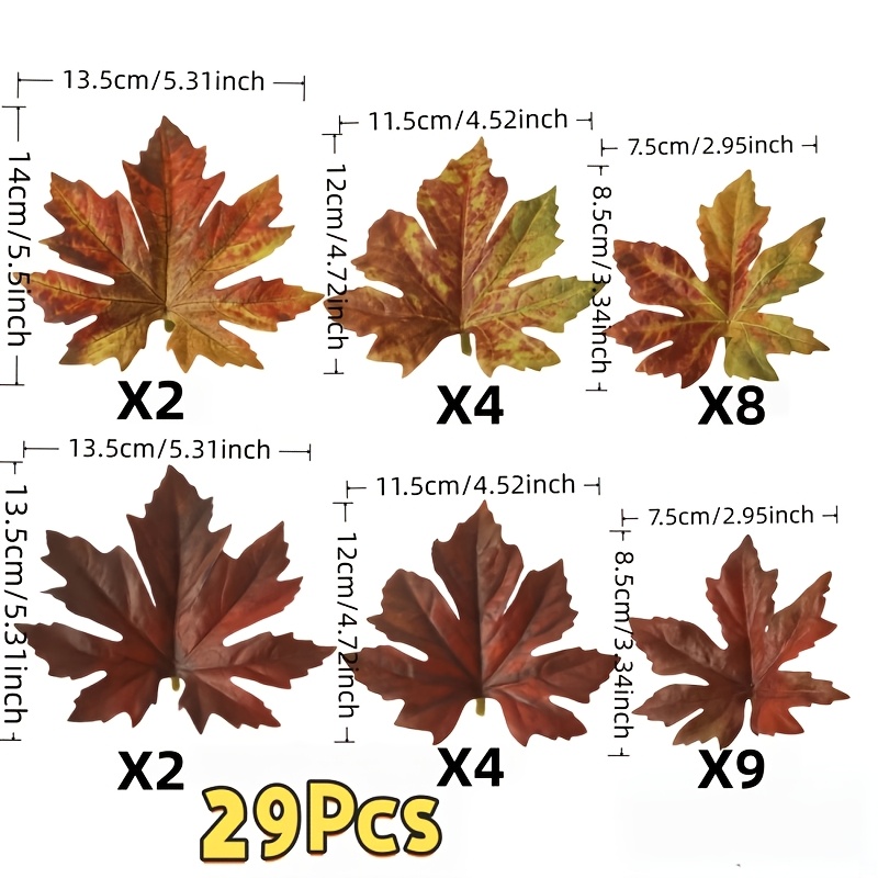 TEMU 29pcs Diy Artificial Fall Maple Leaf Assortment, Assorted Size Fade-proof Autumn Leaves, Realistic Fabric Foliage For Thanksgiving & Halloween