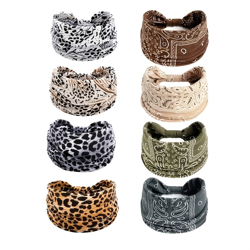TEMU 8pcs Set European & American Yoga Sports Headbands Bohemian Sweatproof & Absorbent Elastic Headbands For Women Headwear Hair Accessories Leopard