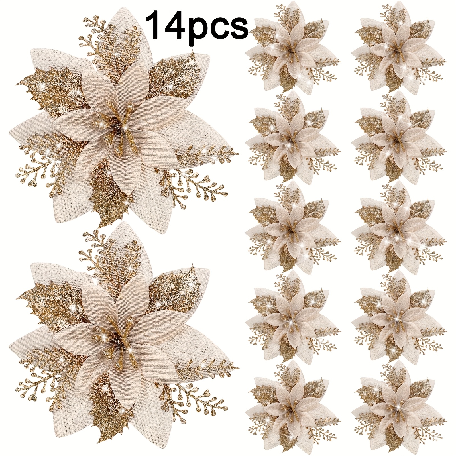 Image of 14pcs 5.5 Inch Christmas Poinsettia Flower Christmas Glitter Artificial Flower With Clip Xmas Tree Ornament For Home Wreath Garland Party Decor