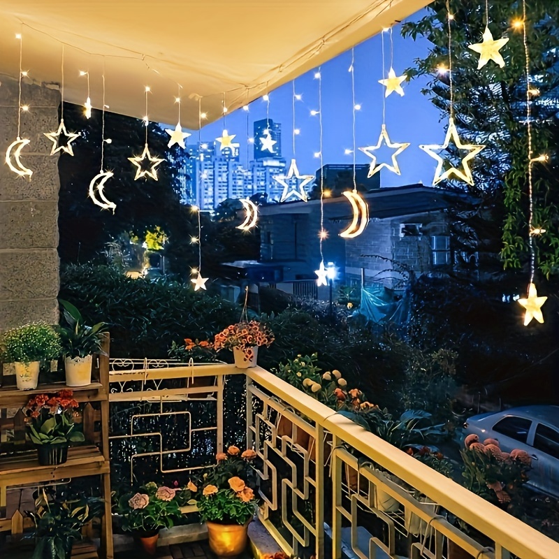 

Solar Icicle Lights, Outdoor Moons Stars Curtain Window String With 8 Modes Timer Remote, Usb Rechargeable Connectable Warm White Hanging Decor For Patio