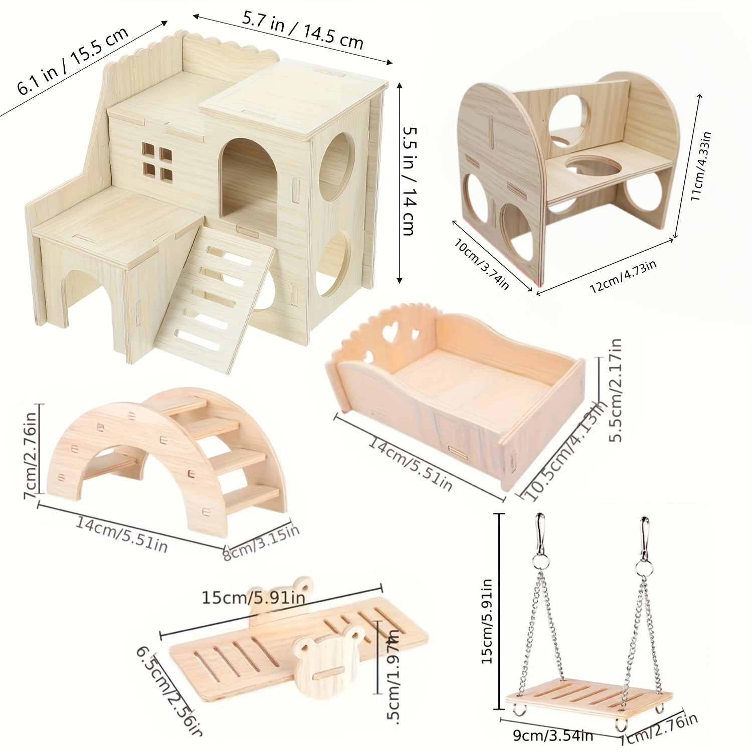 TEMU 6pcs Hamster Toy Set - Includes Wooden Additions For Hamster Cages, Such As A Swing, Hut, House, Hideout, And Exercise Toys, Ideal For Hamsters