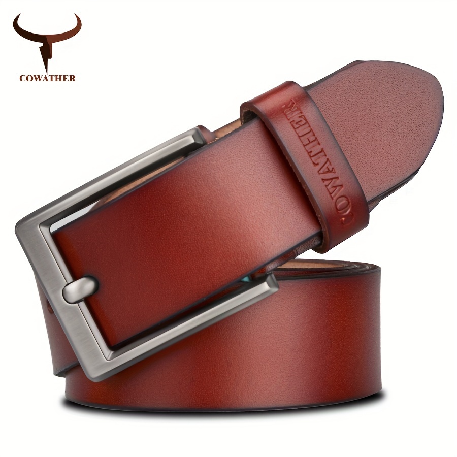 COWATHER Men's Retro Button Buckle Cowhide Belt
