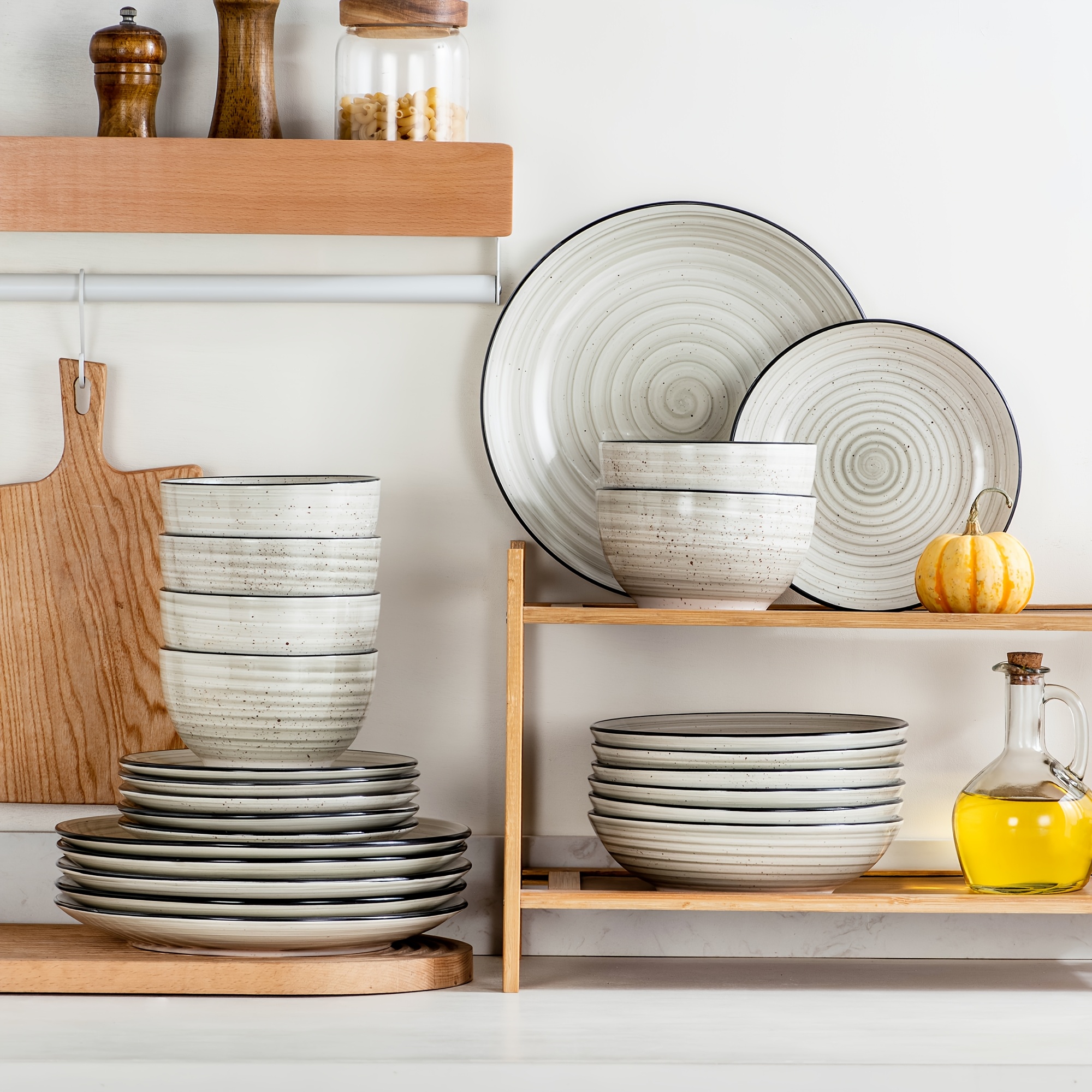 TEMU Beige Dinner Set, 24pcs Dinnerware Sets For 6 People, Double-sided Handpainted Swirls Plates And Bowls Set, Kitchen Dining Sets Dinner Plates,