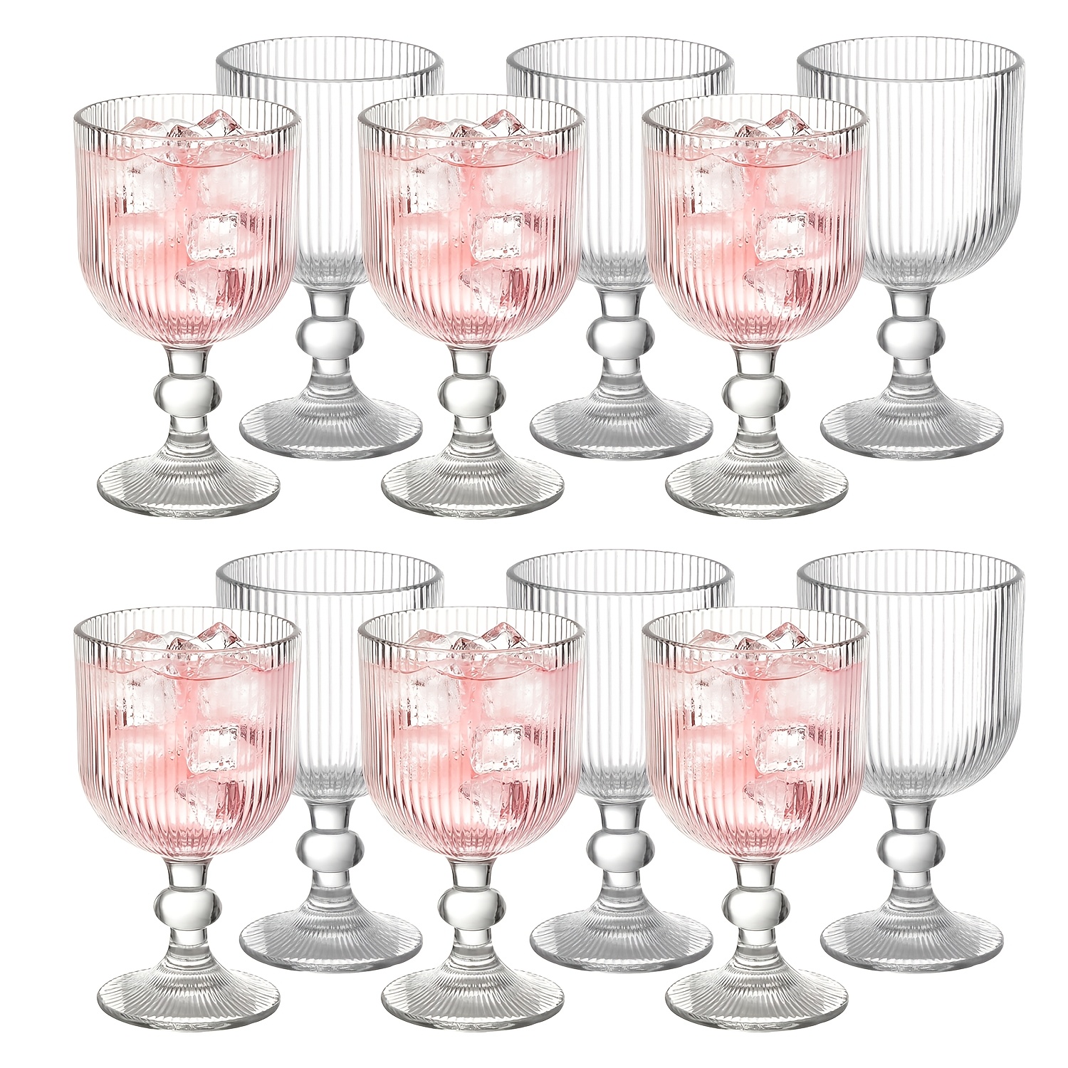 Image of 12 Vintage Wine Glasses, 370ml/12.5oz Ribbed Glassware, Vintage Glasses With Unique Embossed Patterns, Vertical Line Goblets, Water Glasses, Suitable For Weddings, Parties, Dinners And Bar Occasions