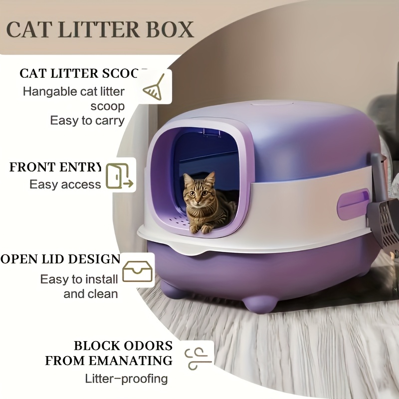 large cat litter box fully enclosed splash proof easy to store   can hold cat litter   with a shovel easy to clean suitable for small and medium sized cats Product details 4