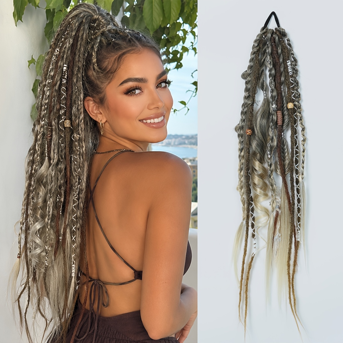 1pc Bohemian Braided Hair Extension, 24 Inch/60cm Synthetic Fiber Boho Dreadlock Ponytail Hairpiece With Beads & Charms, 100g Festival Hair Accessory For Women