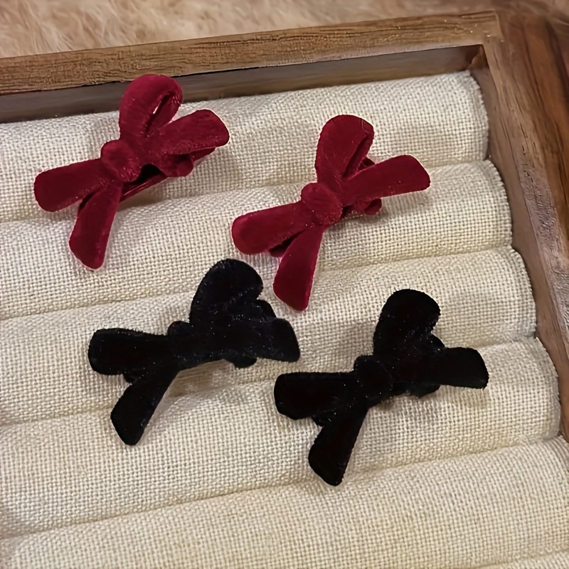 4/2pcs Elegant Solid Color Velvet Bow Hair Clip Set - Plastic Material, Cute Hair Accessories For Women