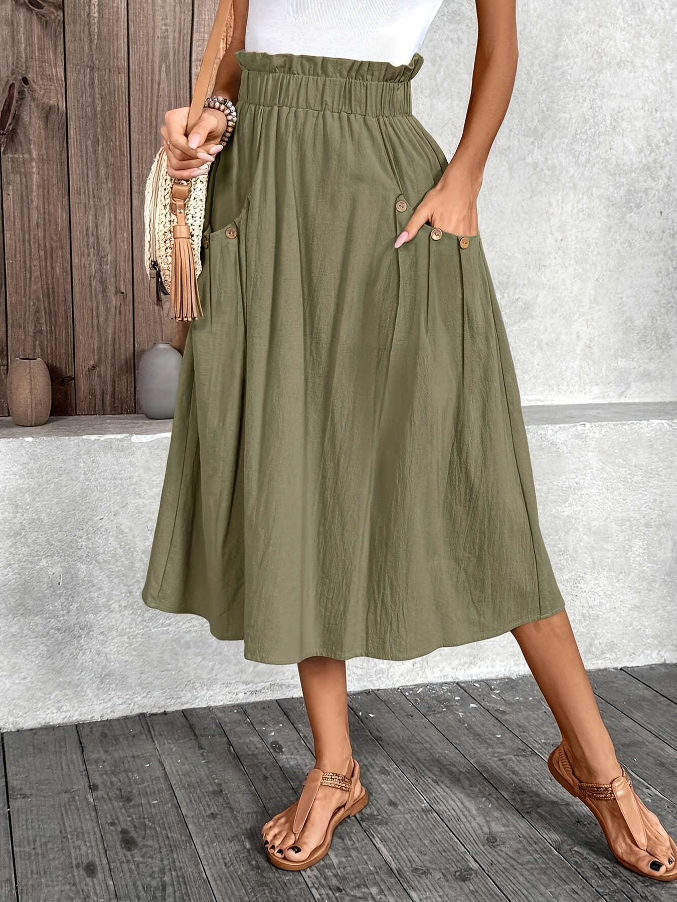 Olive *-Line Midi Skirt Solid Color with Flared Umbrella Hem Button  Closure, Short to Midi Length Adjustable (* Button) Waist Casual to