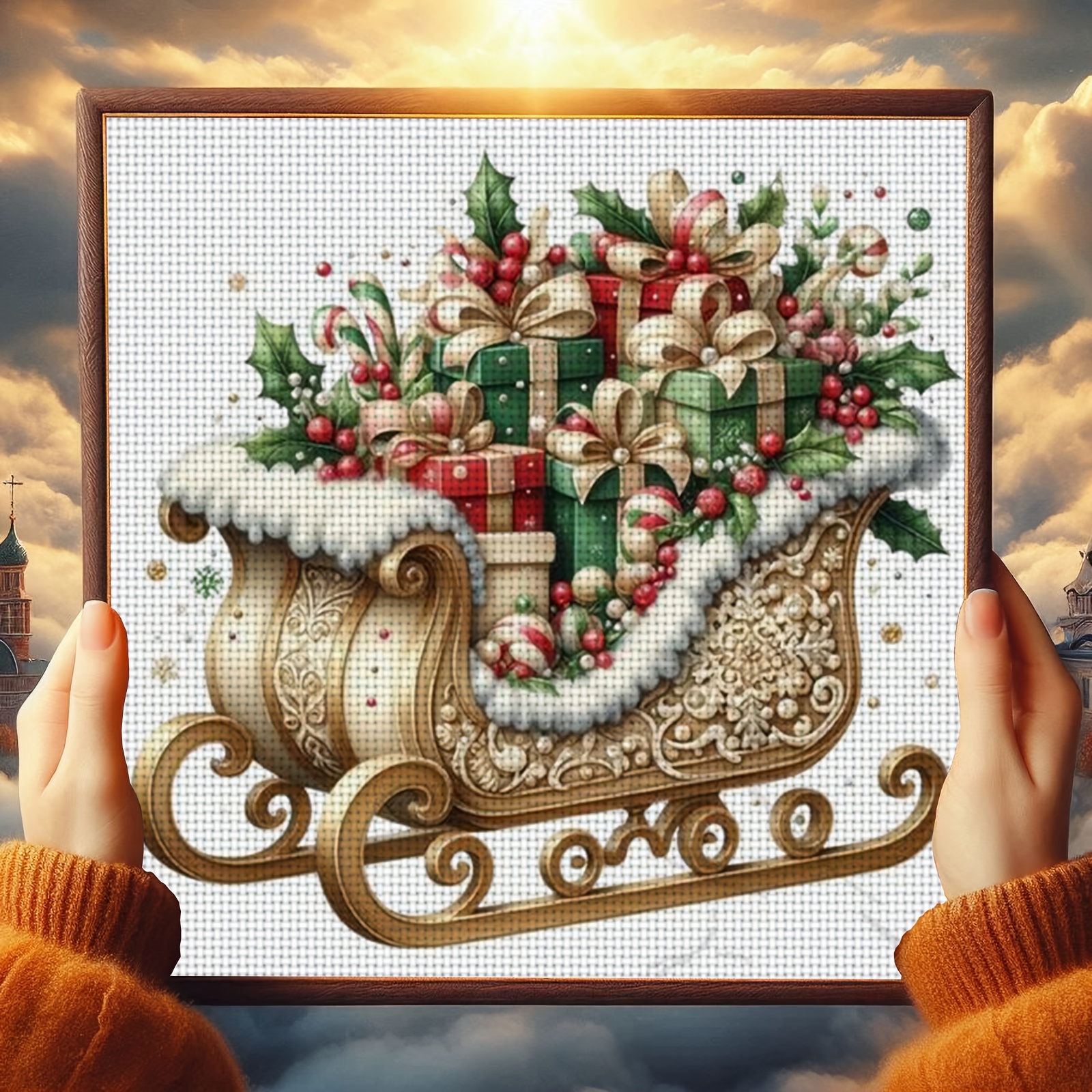 Cross Stitch Print Kit, Christmas Sleigh with Gifts Pattern