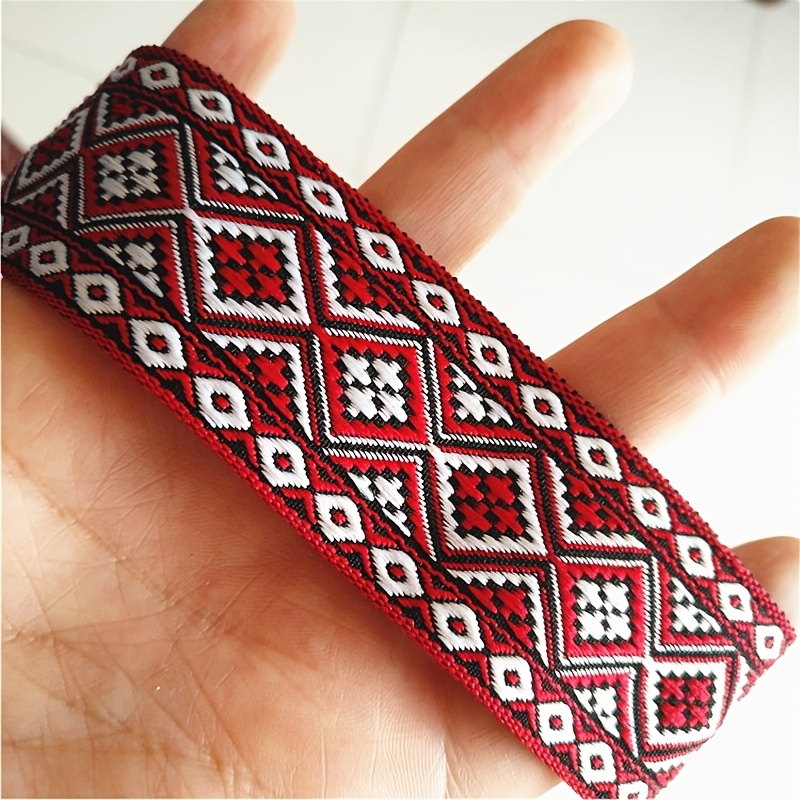 TEMU 2-meter Red Ribbon With Rhombus Jacquard Pattern And Lace Trim, , Shoes, Hats, And Accessories, 3.5cm Wide