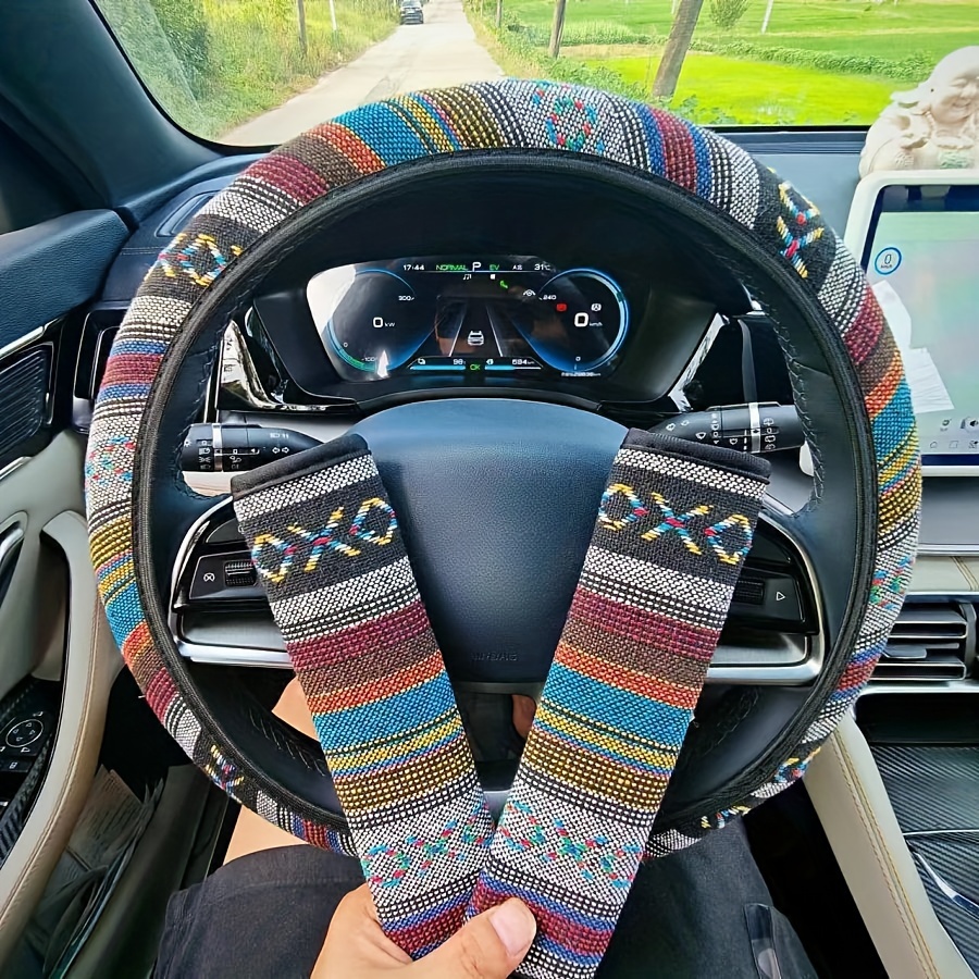 

Linen Steering Wheel Cover With Ethnic Pattern – Universal Seasonal Car Steering Wheel Protector And Seat Belt Shoulder Pad Set, No Inner Circle