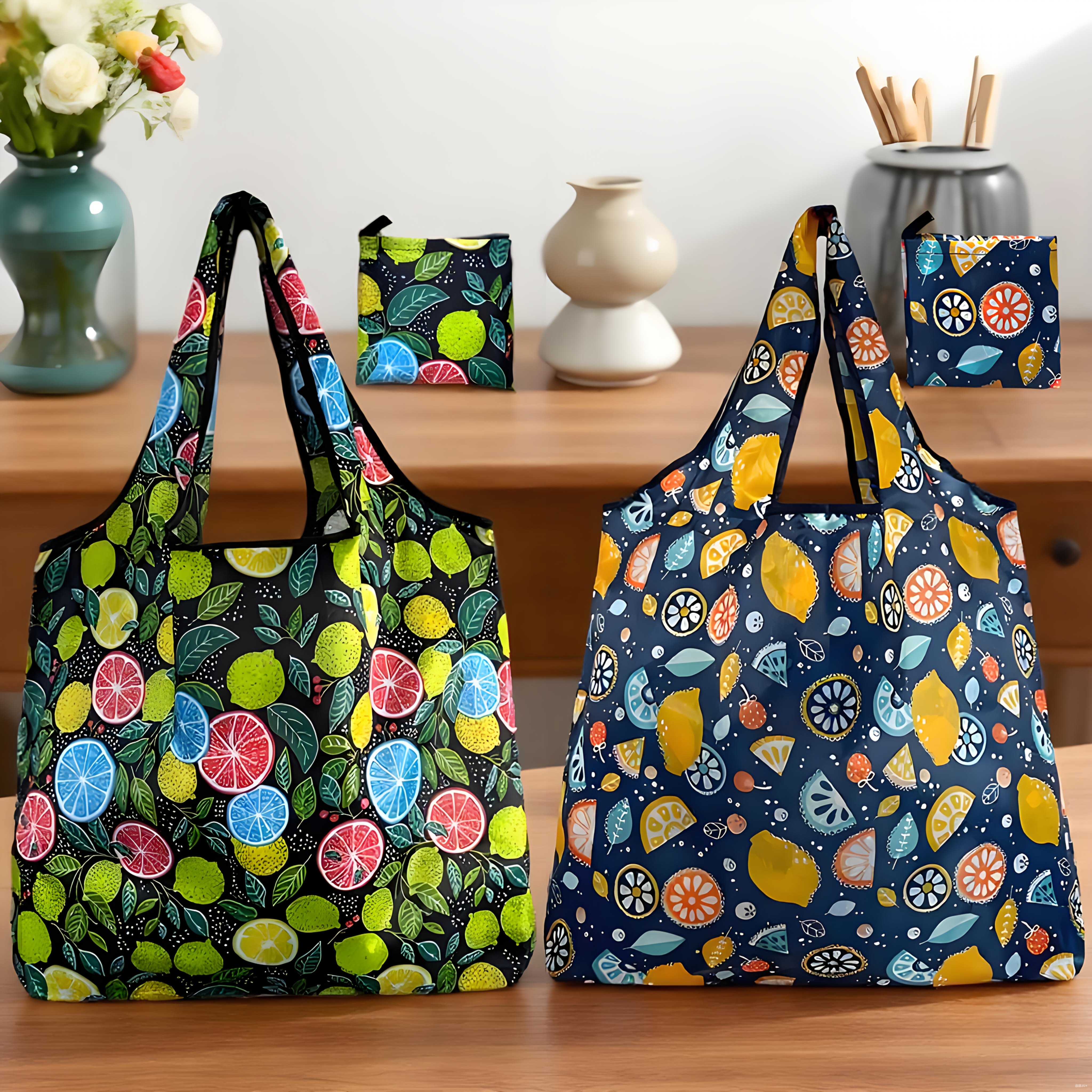 TEMU 2pcs Reusable Foldable Lightweight Machine-washable Polyester Tote Bags - Vibrant Fruit & Large Capacity High- Bags For Women, Outdoor Travel,
