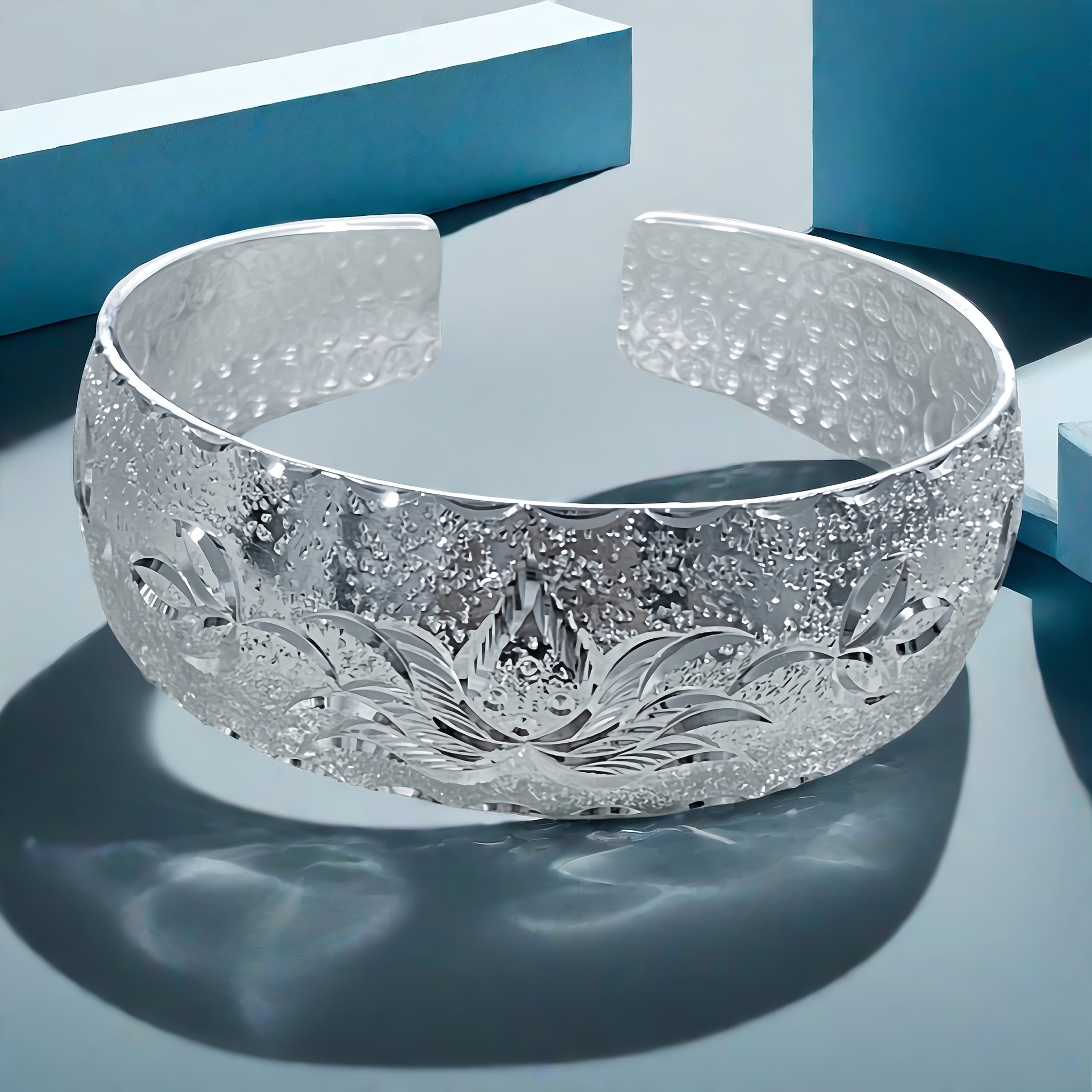 

1pc Elegant Sterling Silver S999 Adjustable Open Cuff Bracelet For Men, 46g Floral Design, Gift For Mom