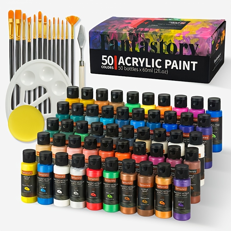 Image of Fantastory 50-color Acrylic Paint Set (60ml Per Tube), With 10 Paintbrushes, Palette, Sponge And Palette Knife
