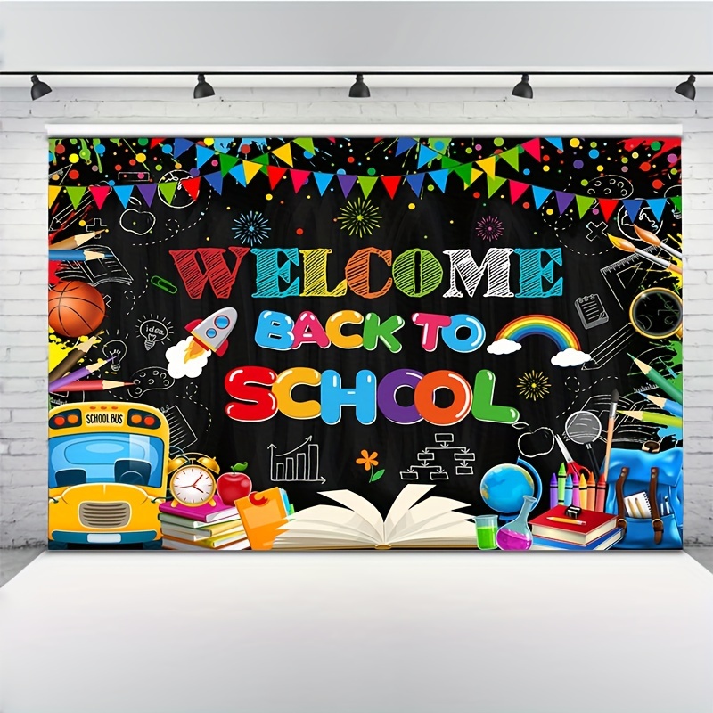 

Welcome Back To School Banner - 7x5ft Polyester First Day Of School Party Decoration, Blackboard & School Bus Design