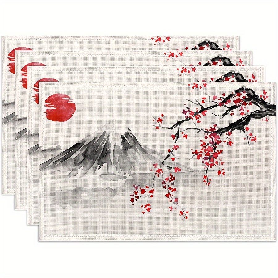 TEMU 4pcs Japanese Cherry And Design Polyester Placemats - 12x18 Inch Square Machine-washable Table Mats, Red Flowers, Black Ink Art With White