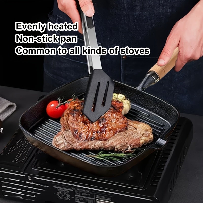 cast iron pan non stick baking pan steak pan wooden handle steak special pan   thickened steak pan multi functional baking pan with pouring mouth square large cooking surface durable frying pan indoor and outdoor barbecue 4