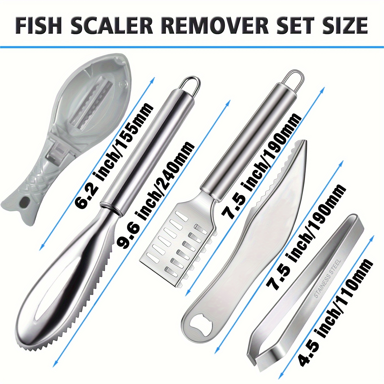 5pcs fish scaler remover set fish scales tools with stainless steel sawtooth with bottle opener fish scraper fish bone tweezers fish   for   markets remover fish scales details 0