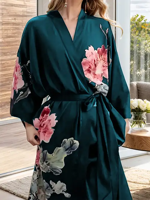 loose dressing gown Hvyesh Women's Silk Kimono Dressing Gown Bath Robe Soft Satin Bathrobe Loose Solid Thigh Length Sleepwear Pajamas Lightweight Bathrobes Housecoat