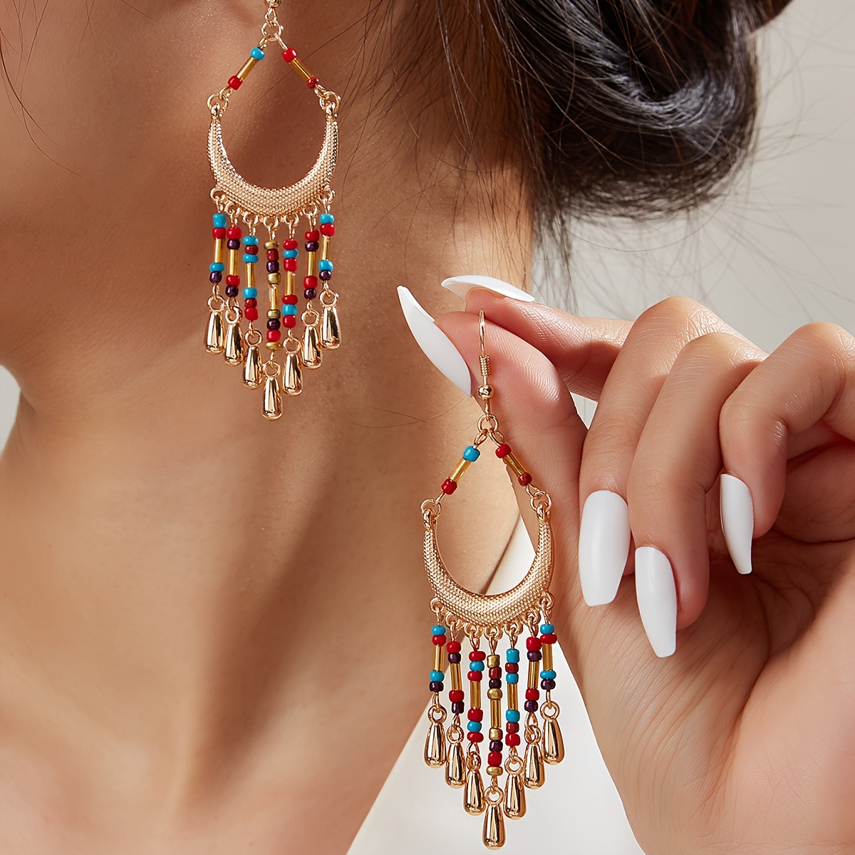 Image of 1 Pair Bohemian Style Beaded Tassel Earrings Vacation