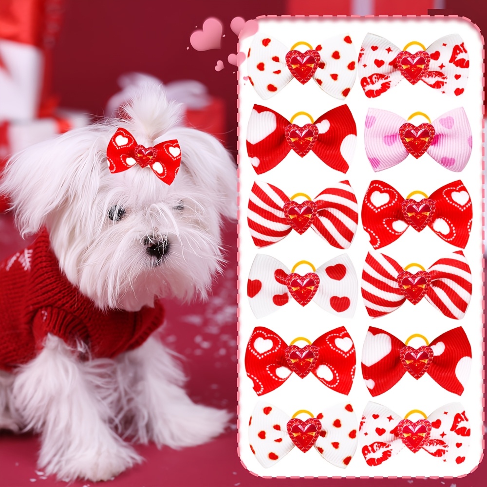 

20pcs Assorted Pet Hair Bows, Valentine's Day Themed Grooming Accessories, With Heart And Striped Patterns, Bands Included, For Pets