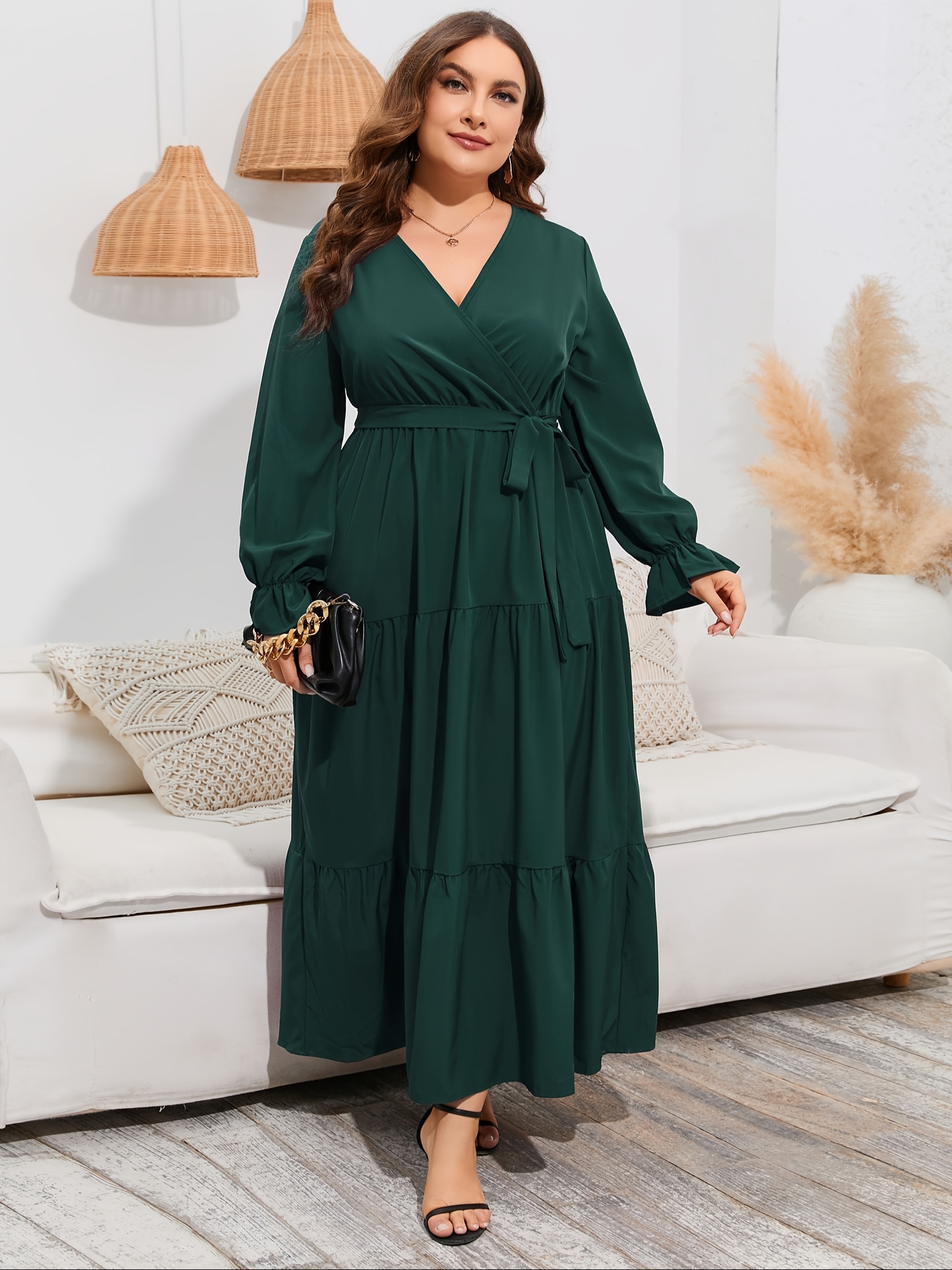 womens plus size v neck wrap long sleeve maxi dress high - Temu