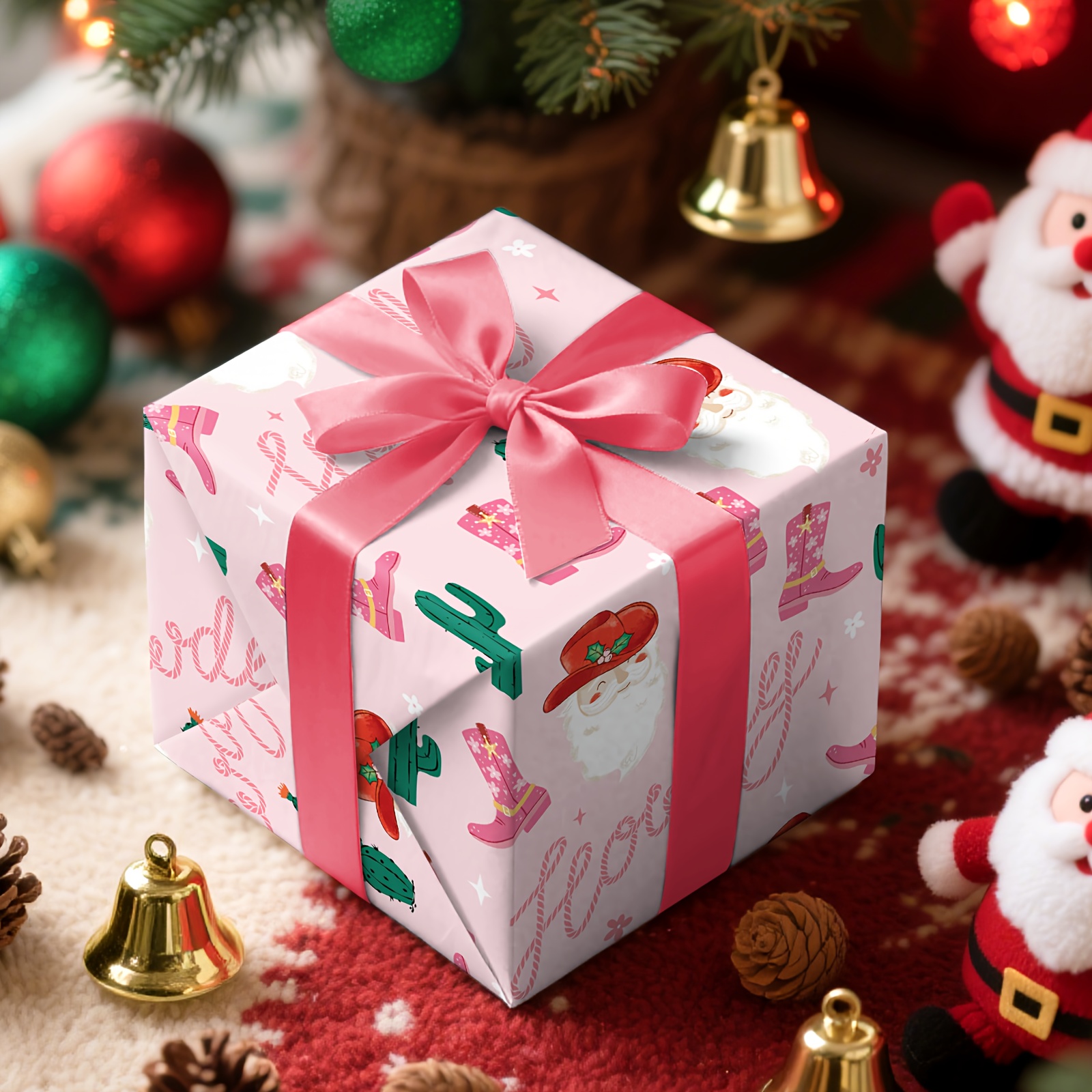 TEMU 1 Rolle Weihnachtsgeschenkpapier | Rosa Untergrund mit Western-Cowboy-Weihnachtsmann- & Kaktus-Muster, geeignet für Geschenkverpackung,
